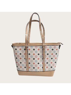New Star Flower Pattern 18" by 12" Tote Bag Beige Trim Double Handle